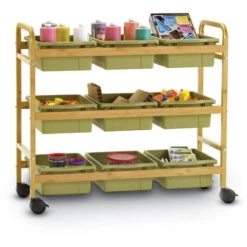 Bamboo Book Browser Cart W/ Sage Tubs