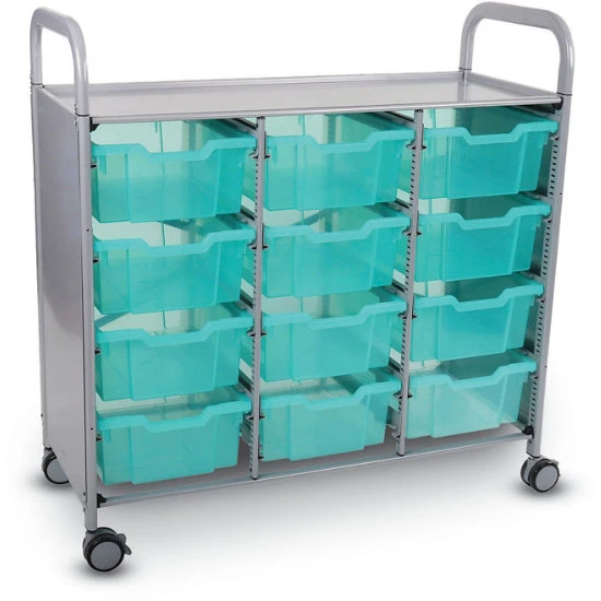 Callero Triple Sanitation And Personal Protective Equipment Distribution Cart With Antimicrobial Bins, Set In Silver W/ 12 Deep F2 Kiwi (29) Trays 3 Callero Triple Sanitation And Personal Protective Equipment Distribution Cart With Antimicrobial Bins, Set In Silver W/ 12 Deep F2 Kiwi (29) Trays