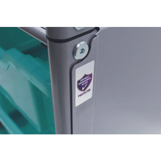 Callero Triple Sanitation And Personal Protective Equipment Distribution Cart With Antimicrobial Bins, Set In Silver W/ 12 Deep F2 Kiwi (29) Trays 4 Callero Triple Sanitation And Personal Protective Equipment Distribution Cart With Antimicrobial Bins, Set In Silver W/ 12 Deep F2 Kiwi (29) Trays - Image 2