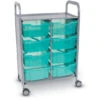 Callero Triple Sanitation And Personal Protective Equipment Distribution Cart With Antimicrobial Bins, In Silver W/ 8 Deep F2 Kiwi Trays