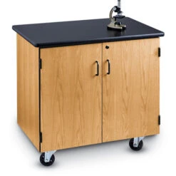 Mobile Science Cabinet W/ HPL Black Top & Light Oak Frame
