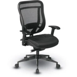 Executive High-Back Chair W/ Breathable Mesh Back & Leather Seat W/ Industrial Steel Finish Angled Base