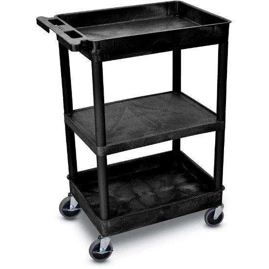 Luxor 36-1/2"H Utility Cart With Three Shelves (Tub / Flat / Tub) – Black 3 Luxor 36-1/2"H Utility Cart With Three Shelves (Tub / Flat / Tub) – Black