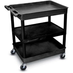 Luxor 36-1/2"H Utility Cart With Three Shelves (Tub / Flat / Tub) – Black
