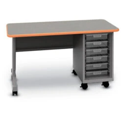 Cascade® Single Pedestal Teacher Desk W/ (6) 12-1/4"Wx3"H Totes